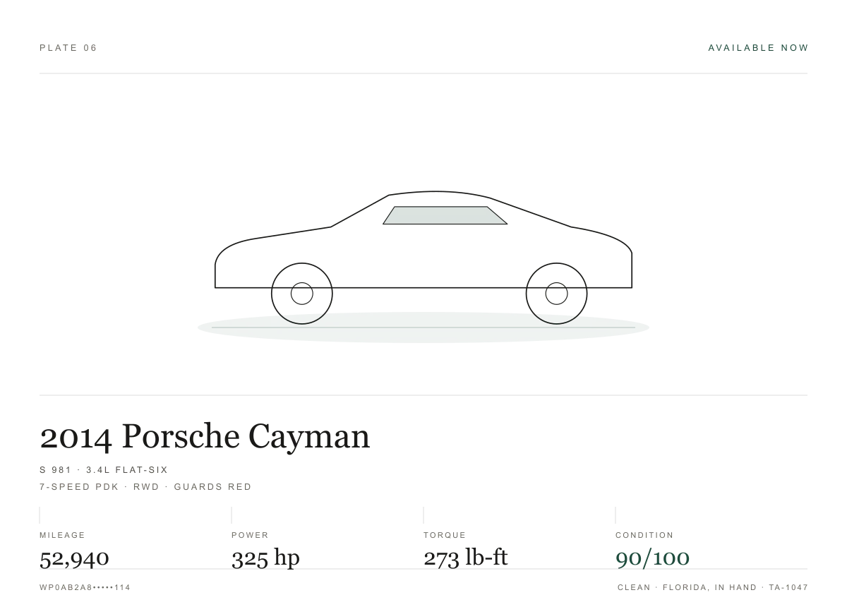 Measurement sheet for the 2014 Porsche Cayman S 981: power and torque peaks, recorded readings and condition scores